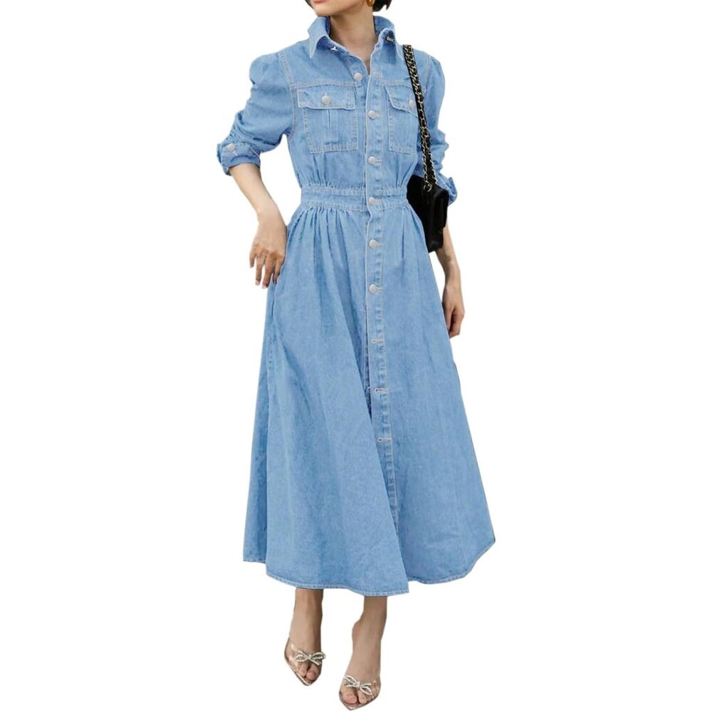 Denim Shirt Dress Women Short Sleeve V Neck Casual Pockets Comfortable